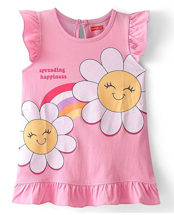 Babyhug Cotton Knit Frill Sleeves Nighty With Floral Print - Pink