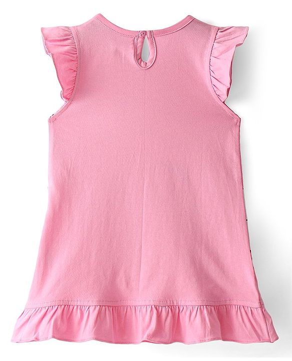 Babyhug Cotton Knit Frill Sleeves Nighty With Floral Print - Pink