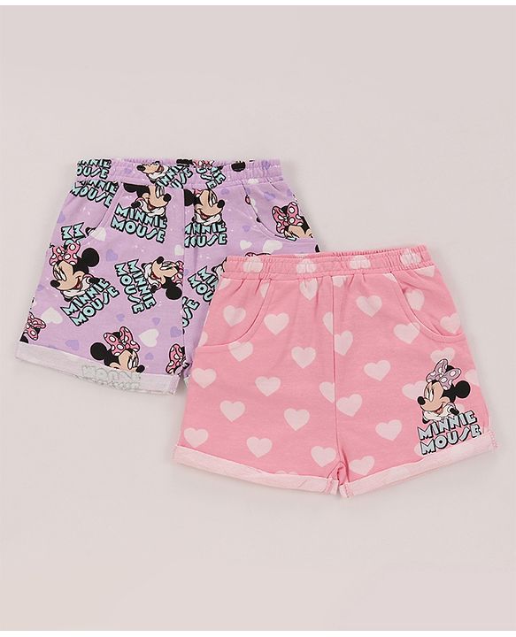 Babyhug Disney Terry Cotton Knit Shorts With Minnie Mouse Print Pack Of 2 - Purple & Pink