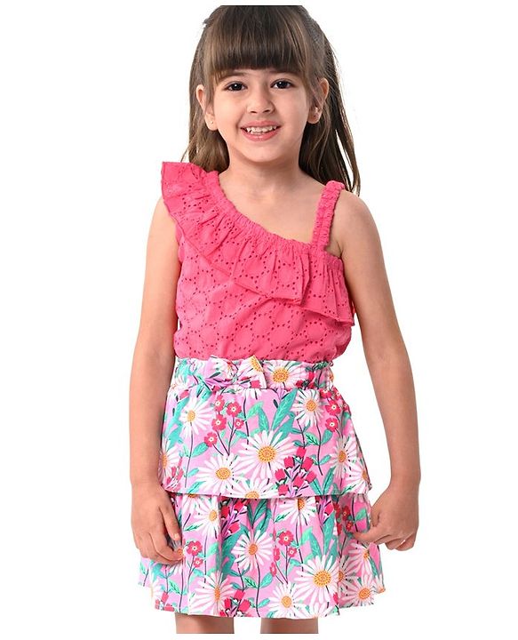 Babyhug 100% Cotton Knit Schiffili Sleeveless Top & Skirt With Floral Print - Pink