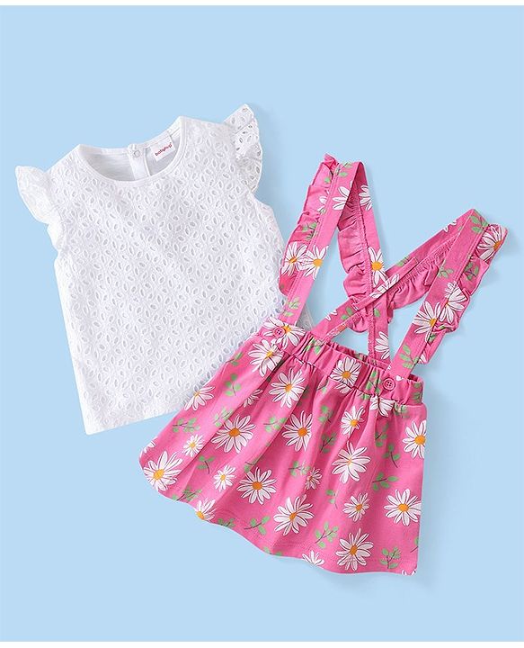 Babyhug Cotton Knit Half Sleeves Tops & Floral Print  Skirt - White & Pink