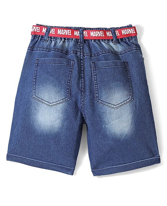 Pine Kids Marvel Denim Above Knee Length Shorts with Belt, Badge Detailing and Avengers Graphics - Blue