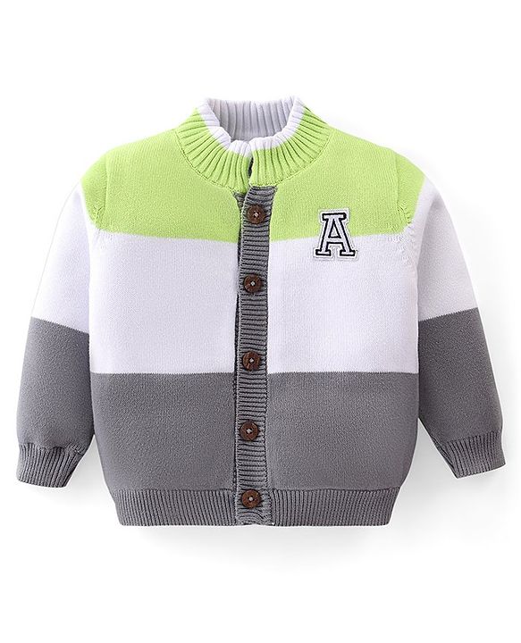 Babyhug Knitted Full Sleeves Front Open Sweater with Alphabet Embroidery & Colour Block Design - Lime & Grey
