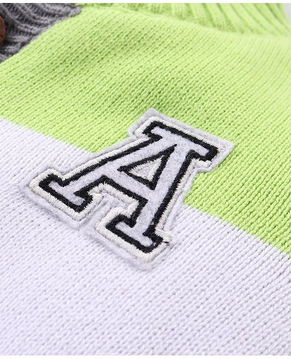 Babyhug Knitted Full Sleeves Front Open Sweater with Alphabet Embroidery & Colour Block Design - Lime & Grey