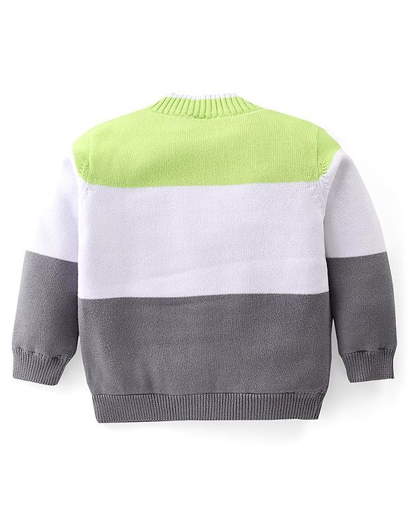 Babyhug Knitted Full Sleeves Front Open Sweater with Alphabet Embroidery & Colour Block Design - Lime & Grey