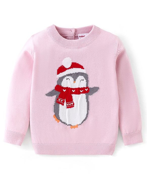 Babyhug Knitted Full Sleeves Sweater with Penguin Design -Pink