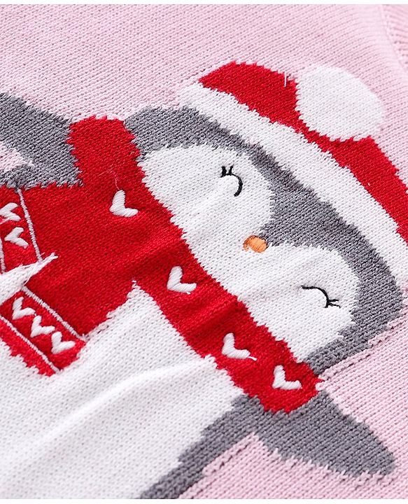 Babyhug Knitted Full Sleeves Sweater with Penguin Design -Pink
