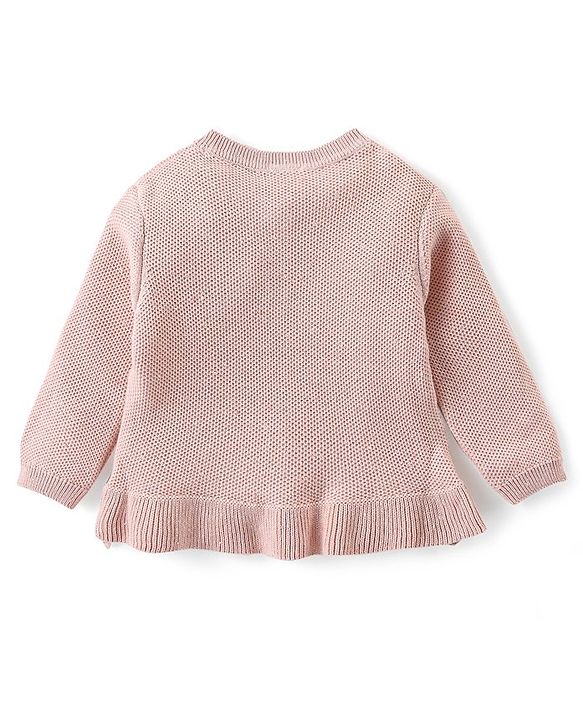 Babyhug Knitted Full Sleeves Front Open Sweater with Frill Detailing - Pink