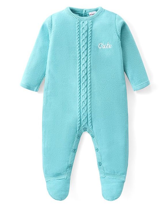Babyhug Knitted Full Sleeves Winter Wear Romper With Cable Knit Design - Blue