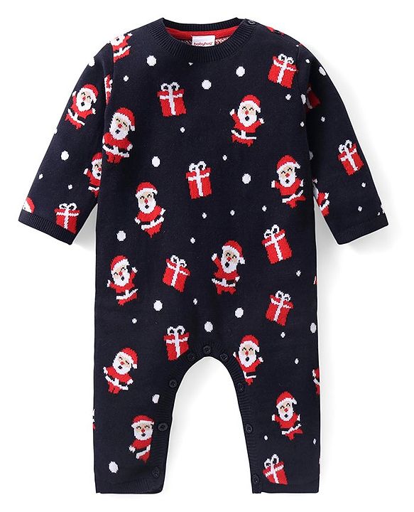 Babyhug Sweater Knit Full Sleeves Winter Wear Romper Christmas Theme - Navy Blue