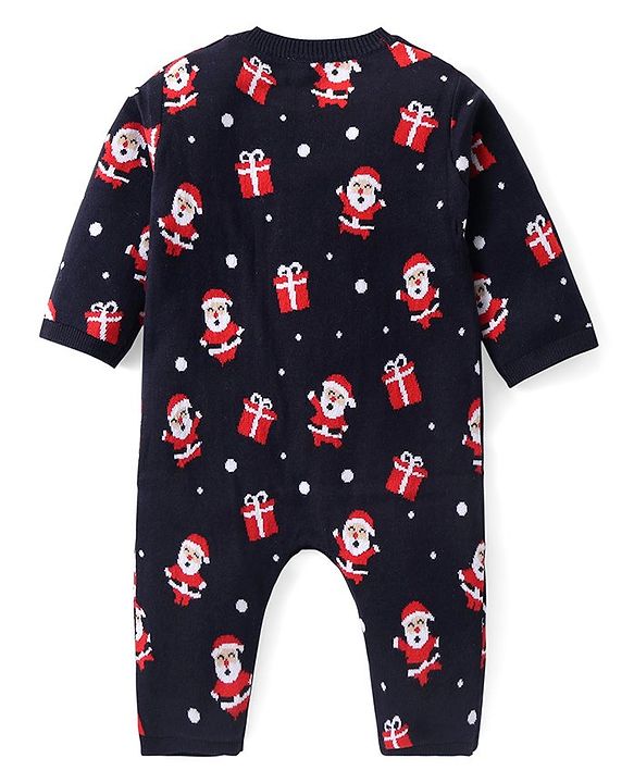 Babyhug Sweater Knit Full Sleeves Winter Wear Romper Christmas Theme - Navy Blue