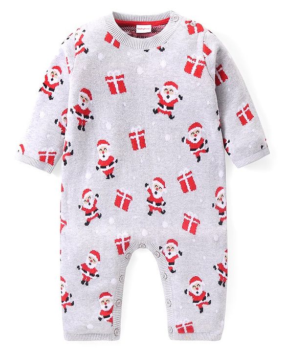 Babyhug Sweater Knit Full Sleeves Winter Wear Romper Christmas Theme - Grey