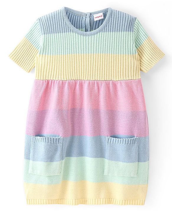 Babyhug Knitted Half Sleeves Striped Woollen Dress with Pocket Detailing - Light Pink & Blue