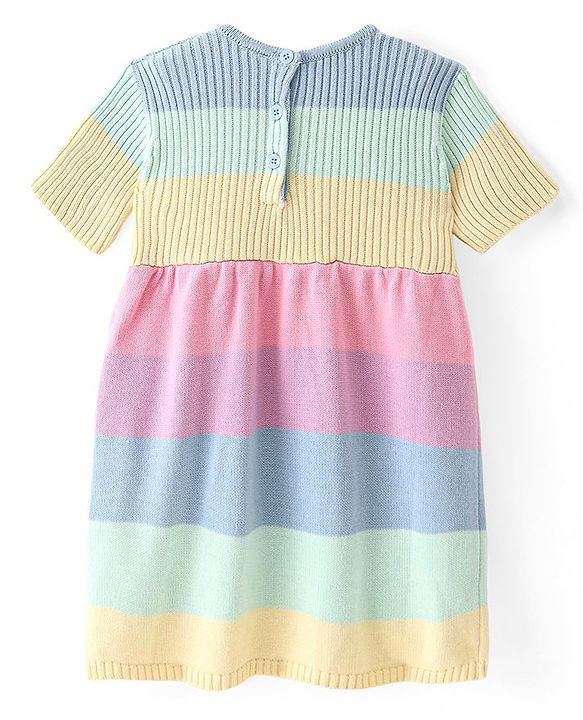 Babyhug Knitted Half Sleeves Striped Woollen Dress with Pocket Detailing - Light Pink & Blue