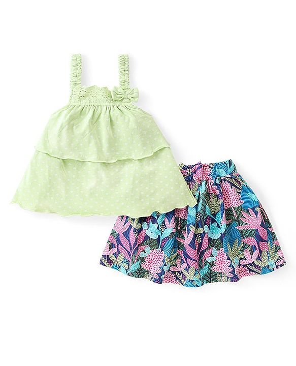 Babyhug Single Jersey Knit  Sleeveless Top & Skirt Set with Leaf Print - Multicolour
