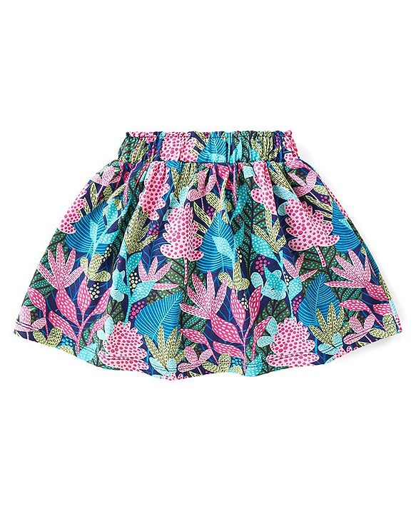 Babyhug Single Jersey Knit  Sleeveless Top & Skirt Set with Leaf Print - Multicolour
