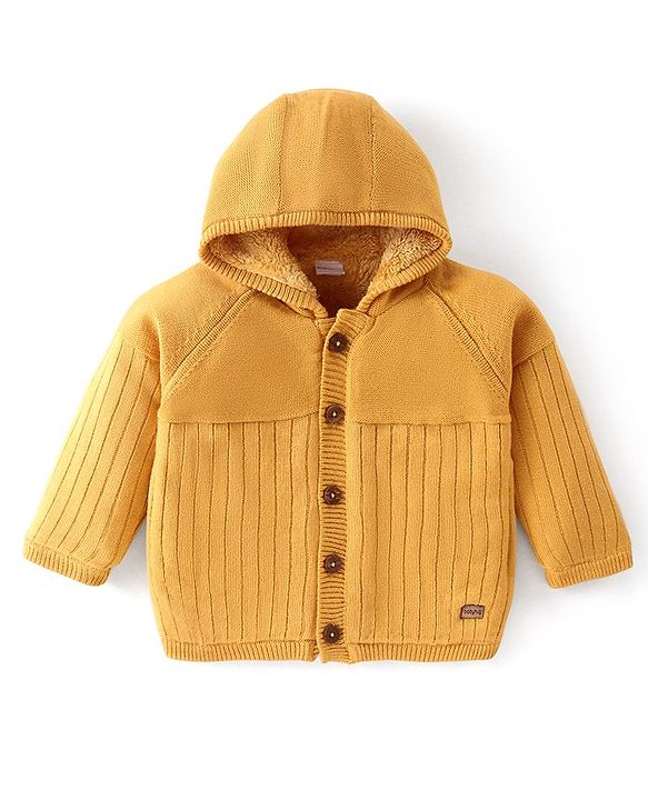 Babyhug Knitted Full Sleeves Front Open Hooded Sweater with Stripe Design - Yellow