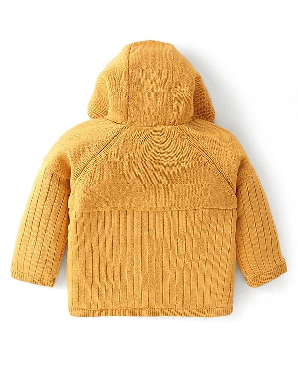 Babyhug Knitted Full Sleeves Front Open Hooded Sweater with Stripe Design - Yellow