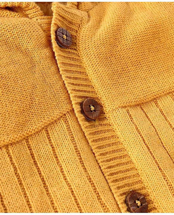 Babyhug Knitted Full Sleeves Front Open Hooded Sweater with Stripe Design - Yellow