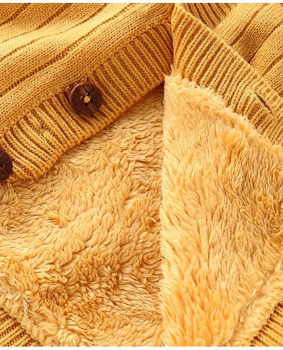 Babyhug Knitted Full Sleeves Front Open Hooded Sweater with Stripe Design - Yellow