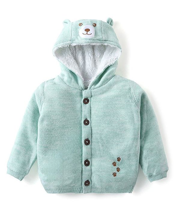 Babyhug Knitted Full Sleeves Front Open Hooded  Sweater with Bear  Design - Mint