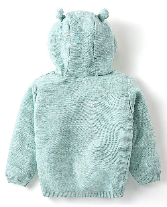 Babyhug Knitted Full Sleeves Front Open Hooded  Sweater with Bear  Design - Mint