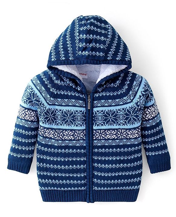 Babyhug Knitted Full Sleeves Front Open Hooded Sweater with Floral Design - Navy Blue