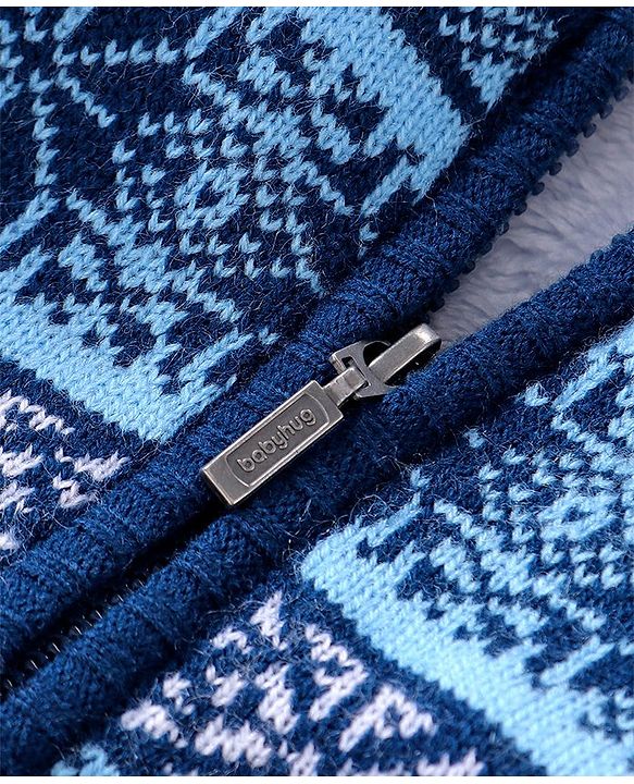 Babyhug Knitted Full Sleeves Front Open Hooded Sweater with Floral Design - Navy Blue