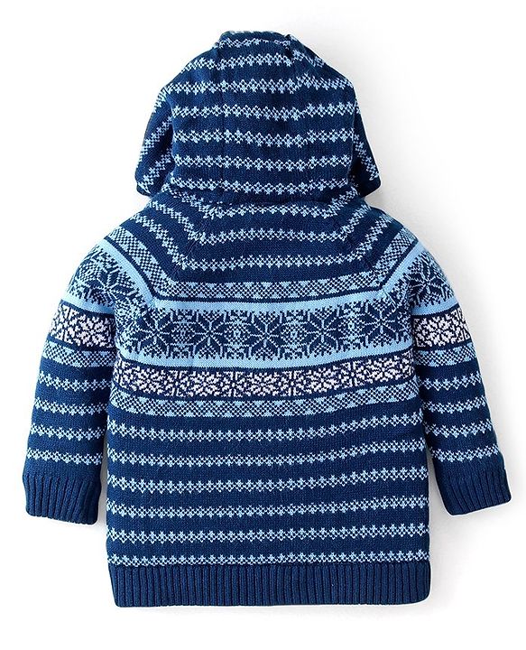 Babyhug Knitted Full Sleeves Front Open Hooded Sweater with Floral Design - Navy Blue