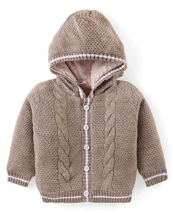 Babyhug Full Sleeves Front Open Cable Knit Hooded Sweater - Beige