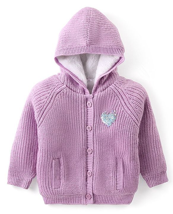 Babyhug Knitted Full Sleeves Front Open Hooded   Sweater with Sequin & Pocket Detailing - Lavender
