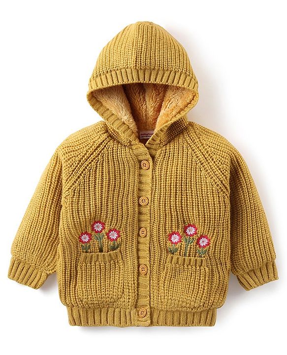 Babyhug Knitted Full Sleeves Front Open Hooded Sweater with Floral  Design & Pockets  - Mustard