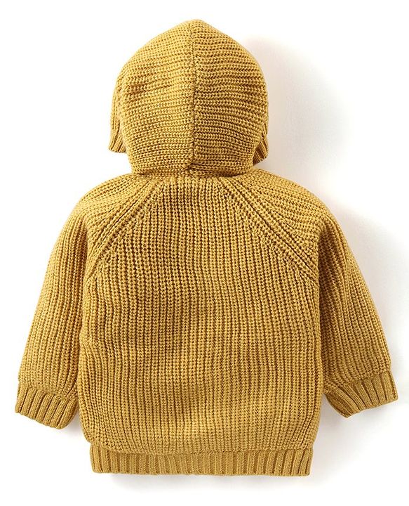 Babyhug Knitted Full Sleeves Front Open Hooded Sweater with Floral  Design & Pockets  - Mustard