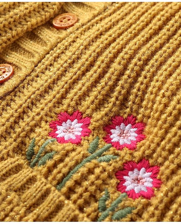 Babyhug Knitted Full Sleeves Front Open Hooded Sweater with Floral  Design & Pockets  - Mustard