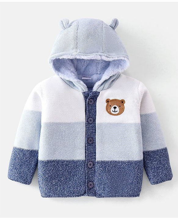 Babyhug Knitted Full Sleeves Front Open Hooded Sweater with Bear  Applique - Blue