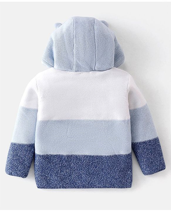Babyhug Knitted Full Sleeves Front Open Hooded Sweater with Bear  Applique - Blue