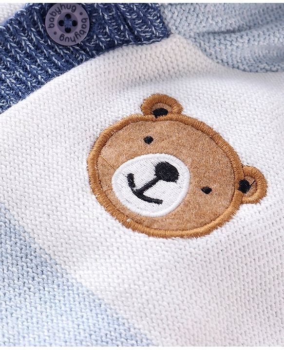 Babyhug Knitted Full Sleeves Front Open Hooded Sweater with Bear  Applique - Blue