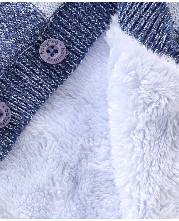 Babyhug Knitted Full Sleeves Front Open Hooded Sweater with Bear  Applique - Blue