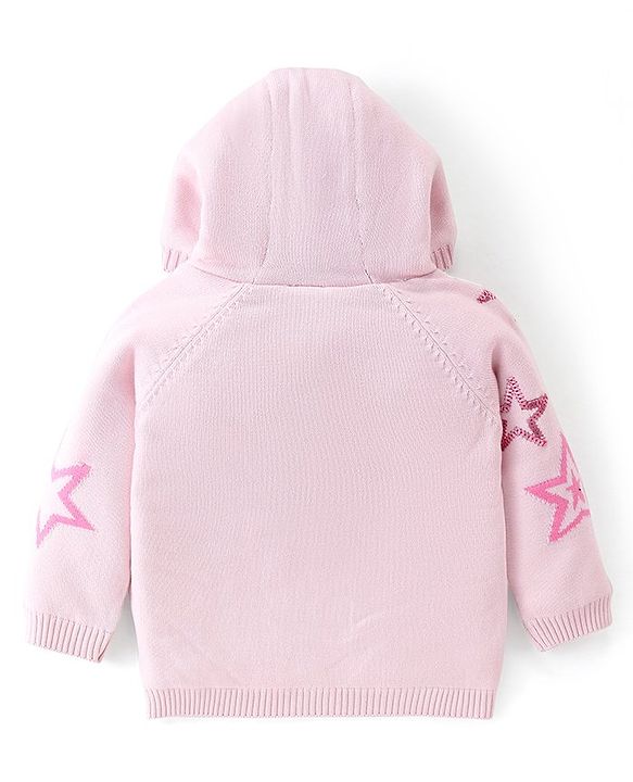 Babyhug Knitted Full Sleeves Front Open Hooded Sweater with Star Design - Pink