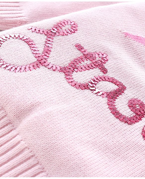 Babyhug Knitted Full Sleeves Front Open Hooded Sweater with Star Design - Pink