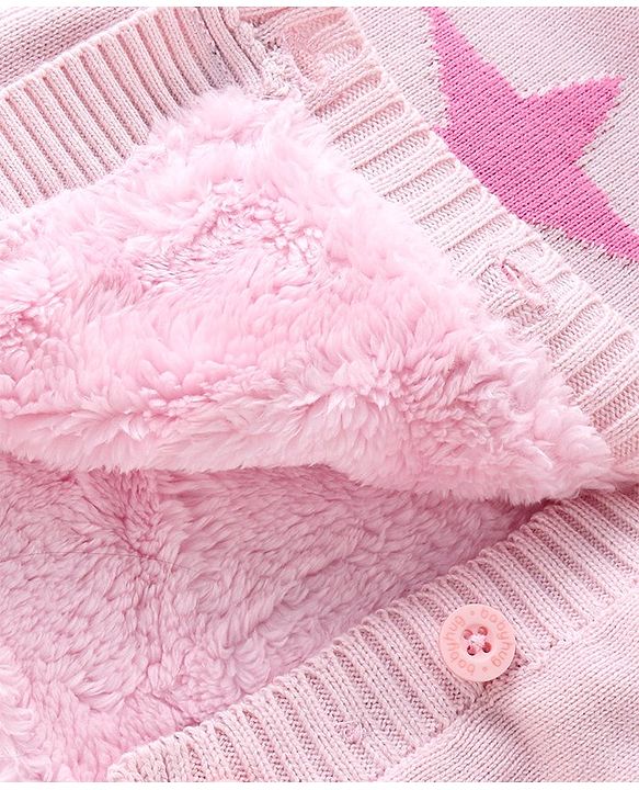 Babyhug Knitted Full Sleeves Front Open Hooded Sweater with Star Design - Pink