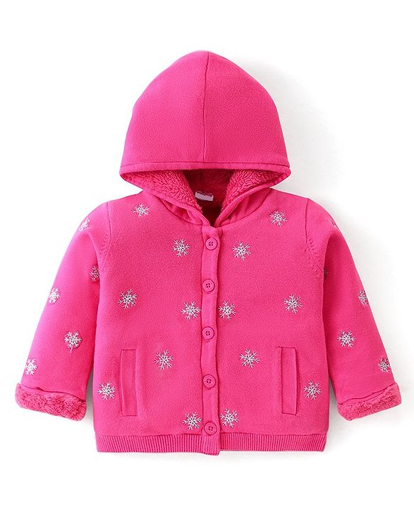 Babyhug Knitted Full Sleeves Front Open Hooded Sweater with Snowflake Design - Fuchisa