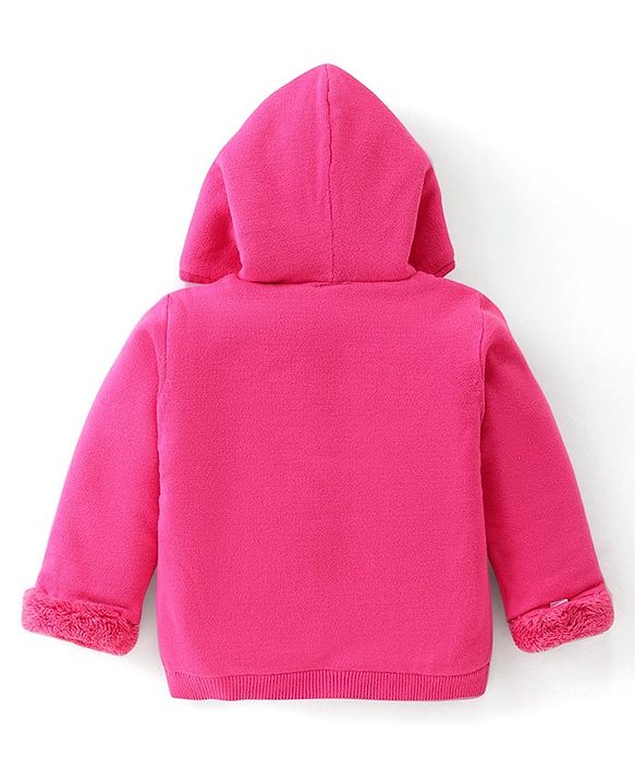Babyhug Knitted Full Sleeves Front Open Hooded Sweater with Snowflake Design - Fuchisa