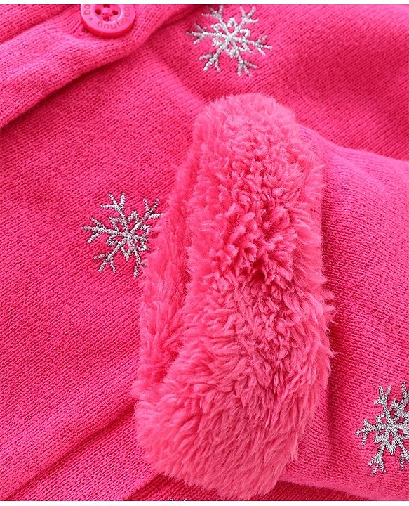 Babyhug Knitted Full Sleeves Front Open Hooded Sweater with Snowflake Design - Fuchisa