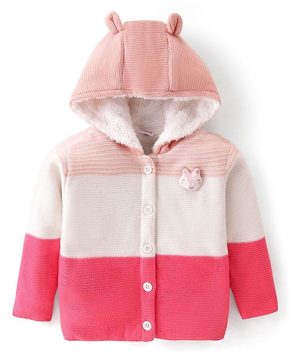 Babyhug Knitted Full Sleeves Front Open Hooded Striped Sweater With Applique - Pink