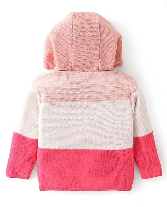 Babyhug Knitted Full Sleeves Front Open Hooded Striped Sweater With Applique - Pink