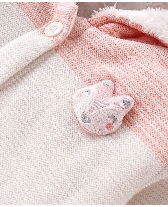 Babyhug Knitted Full Sleeves Front Open Hooded Striped Sweater With Applique - Pink