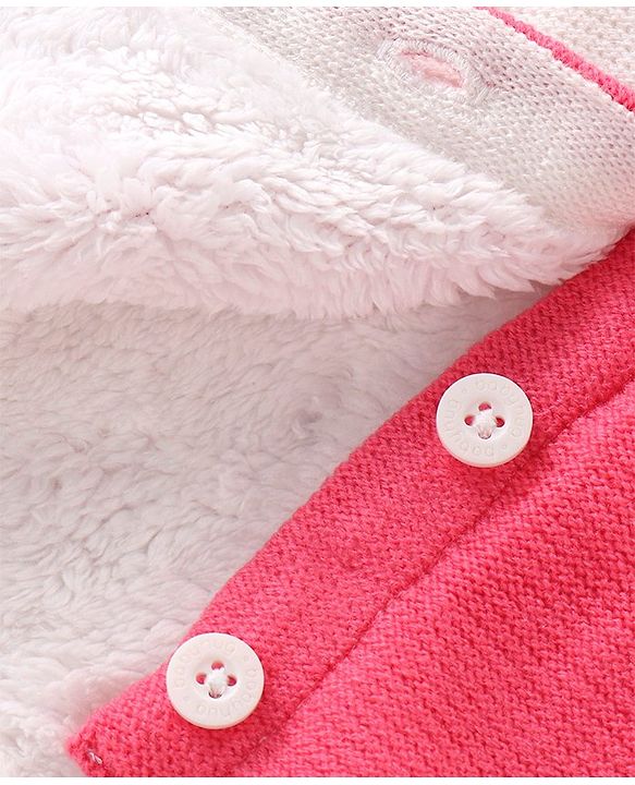 Babyhug Knitted Full Sleeves Front Open Hooded Striped Sweater With Applique - Pink
