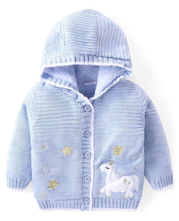 Babyhug Knitted Full Sleeves Front Open Hooded Unicorn Design Sweater - Light Blue