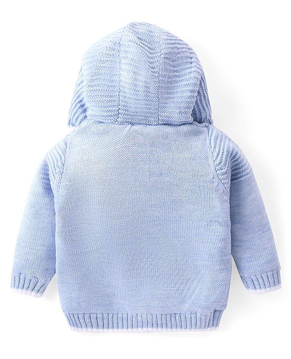 Babyhug Knitted Full Sleeves Front Open Hooded Unicorn Design Sweater - Light Blue